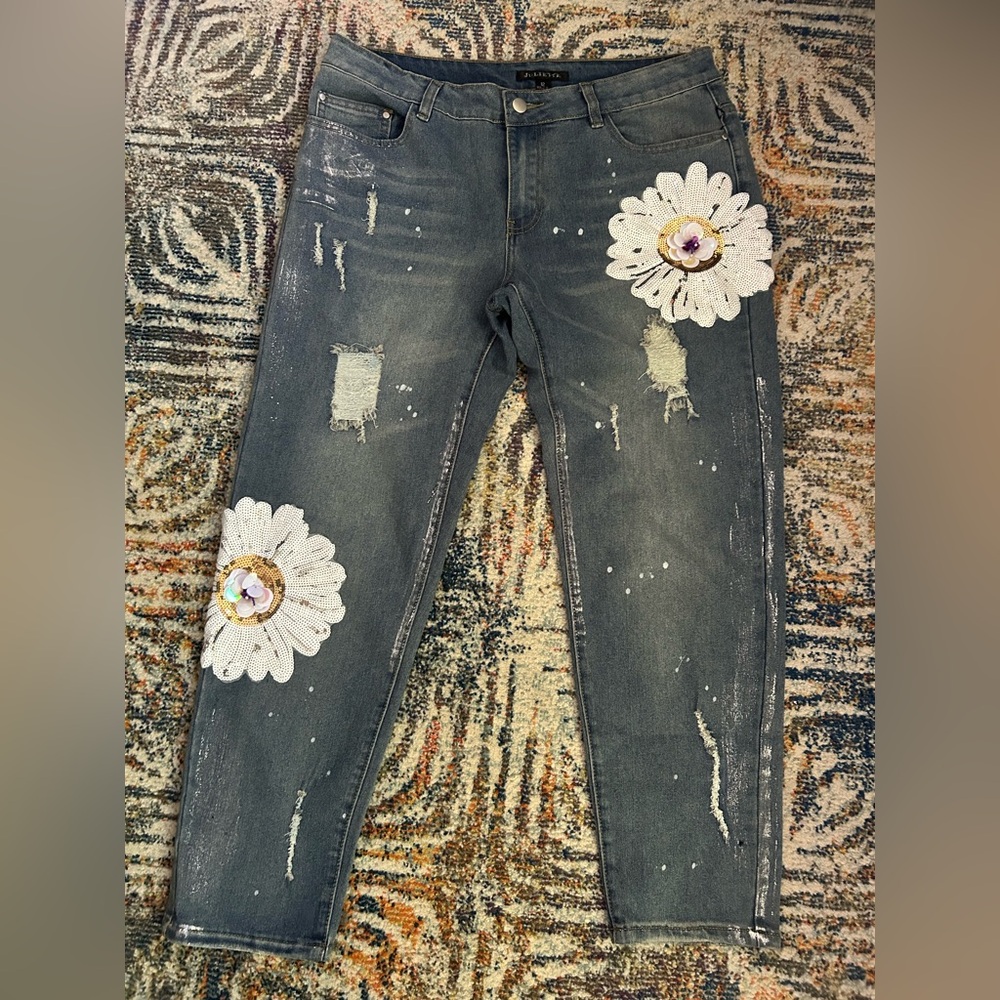 Anthropologie THE JULIETTE Beaded Sequin Appliqué Bling Stretch Jeans size 12